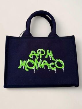 APM Monaco Navy Mini Tote Bag with Neon Green Logo